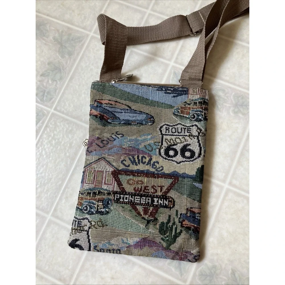 Cozy Cottagecore Travel Vtg Route 66 Tapestry Crossbody Bag Zip Top Heritage